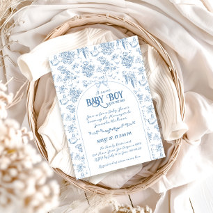 Sweet Boy Dusty Blue Whimsical Floral Baby Shower Invitation