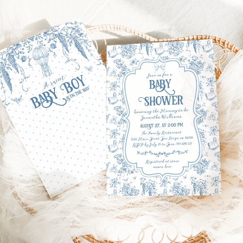 Sweet Boy Dusty Blue Whimsical Floral Baby Shower Invitation