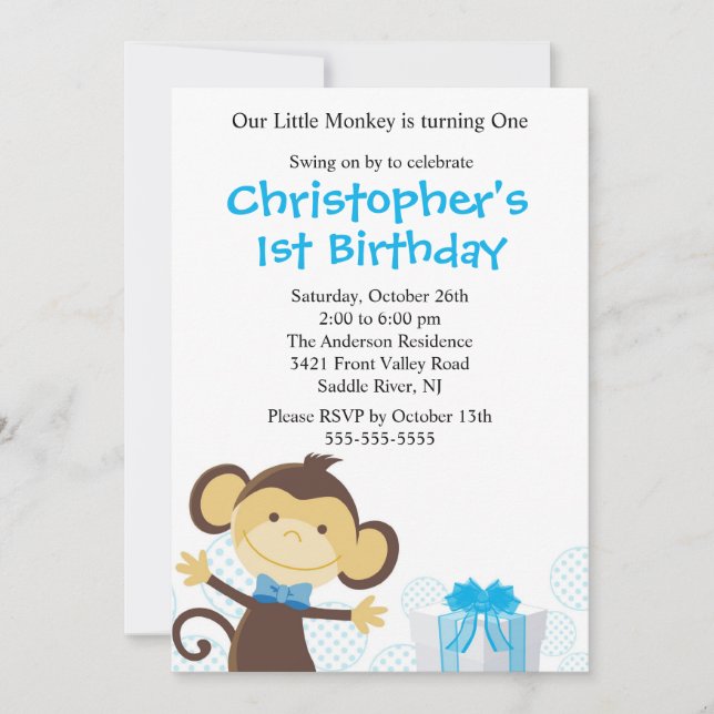 Sweet Boy Monkey Birthday Invitation (Front)