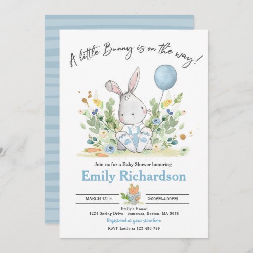 Sweet Boy Watercolor Bunny Baby Shower Blue Invitation