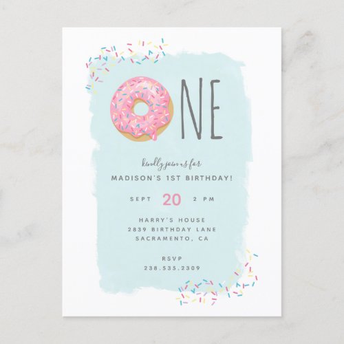 Sweet Bright Pink Donut with Sprinkle 1st Birthday Invitation Postcard