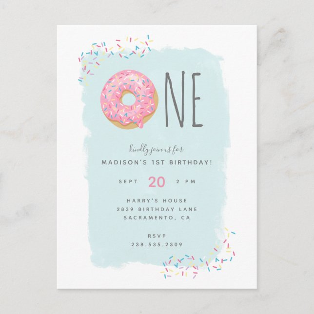 Sweet Bright Pink Donut with Sprinkle 1st Birthday Invitation Postcard (Front)
