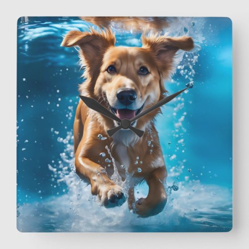 Sweet Brown and White Dog Splashing in the Water Square Wall Clock