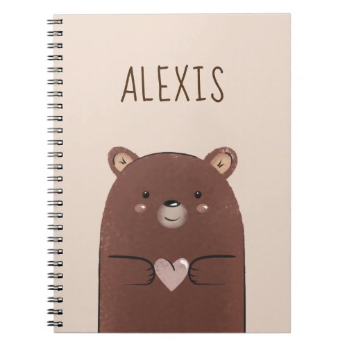 Sweet Brown Baby Bear  Heart Kids Name Cream Notebook