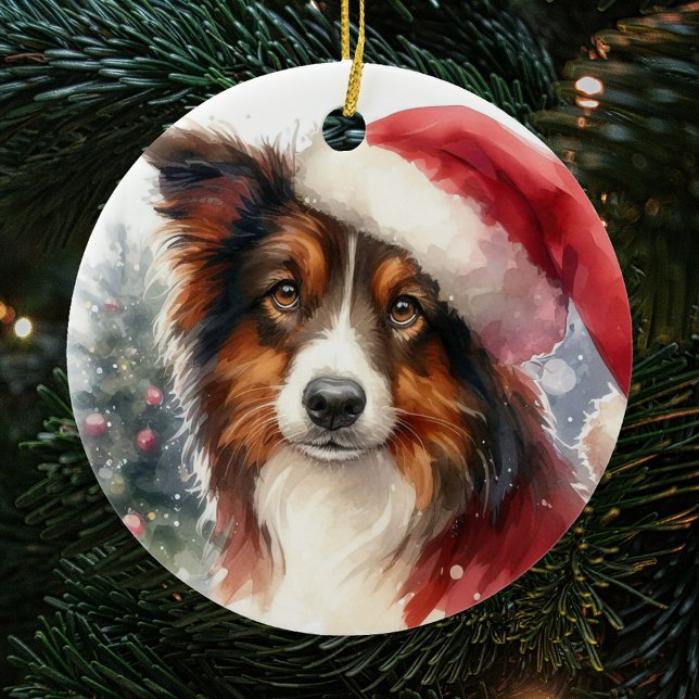 Sweet Brown Border Collie Santa Hat Christmas Ceramic Ornament (Creator Uploaded)