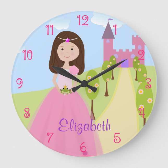 Sweet Brown Hair Princess Personalized Large Clock (Front)