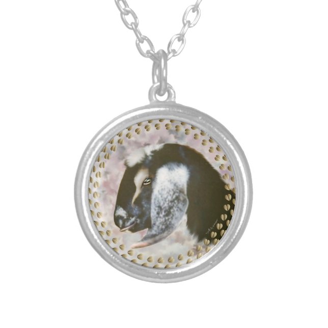 Sweet Brown Nubian  Goat Painted Portrait Silver Plated Necklace (Front)