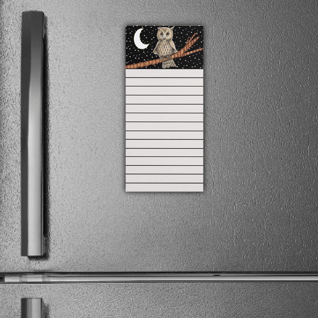 Sweet Brown Owl Necklace Branch Stars black Sky Magnetic Notepad (Brown owl on branch wearing necklace moon stars magnetic notepad.)