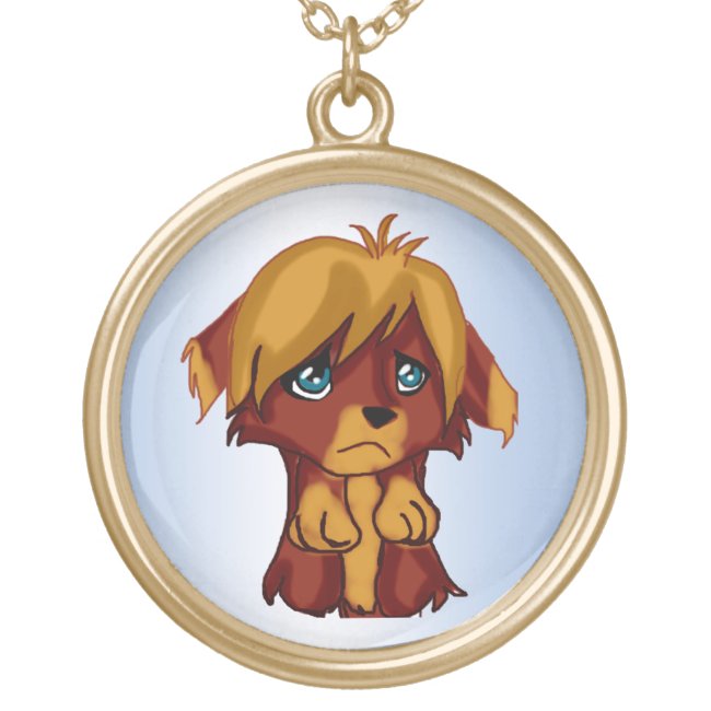 Sweet Brown Puppy Dog with Blue Eyes Necklace