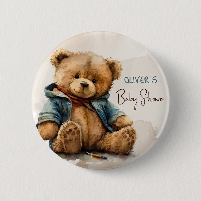 Sweet brown watercolor teddy bear Baby Shower Button (Front)