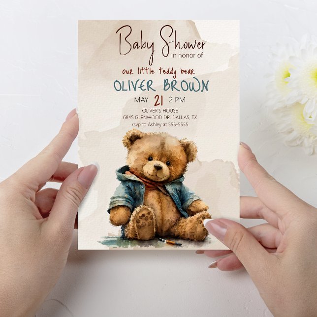 Sweet brown watercolor teddy bear Baby Shower Invitation (Creator Uploaded)