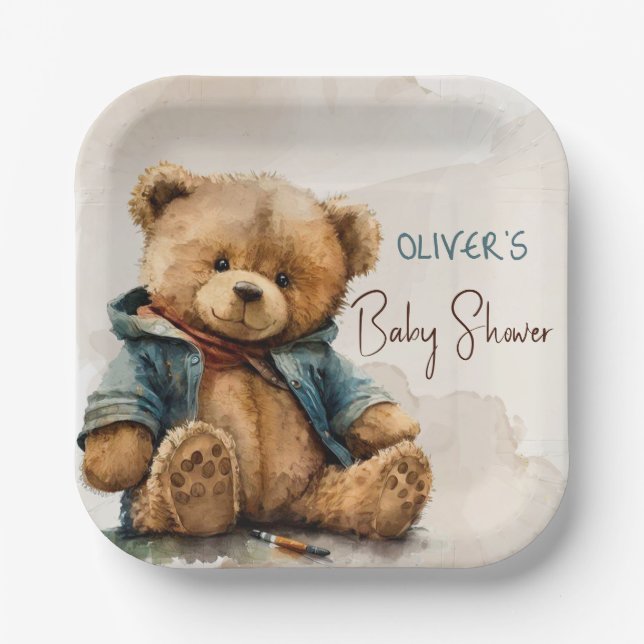 Sweet brown watercolor teddy bear Baby Shower Paper Plates (Front)