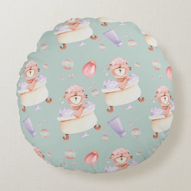 Sweet Bubble Bath Bear Pattern Round Pillow (Front)