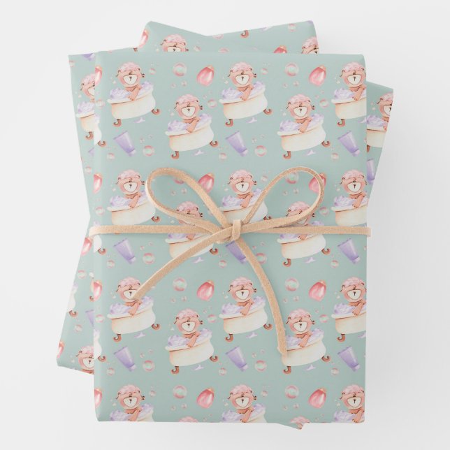 Sweet Bubble Bath Bear Pattern Wrapping Paper Sheets (In situ)