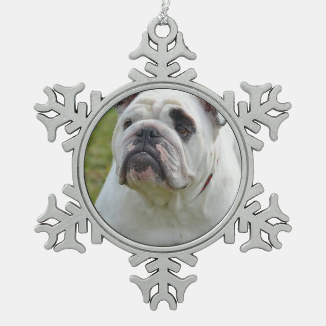 Sweet Bulldog Snowflake Pewter Christmas Ornament (Front)