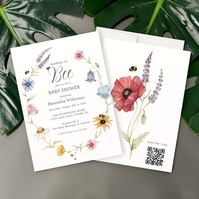 Sweet Bumblebee Floral Mommy to Bee Baby Shower QR Invitation (Creator Uploaded)
