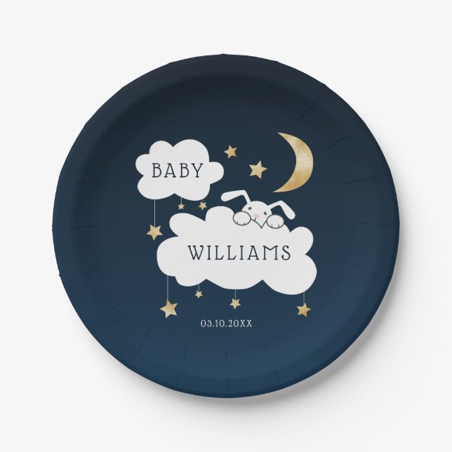 Sweet Bunny Baby Shower Navy Blue Gold Paper Plates (Front)