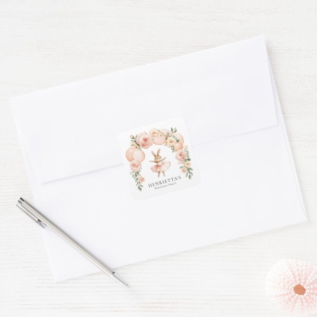 Sweet Bunny Ballerina Balloon Floral Birthday Square Sticker (Envelope)