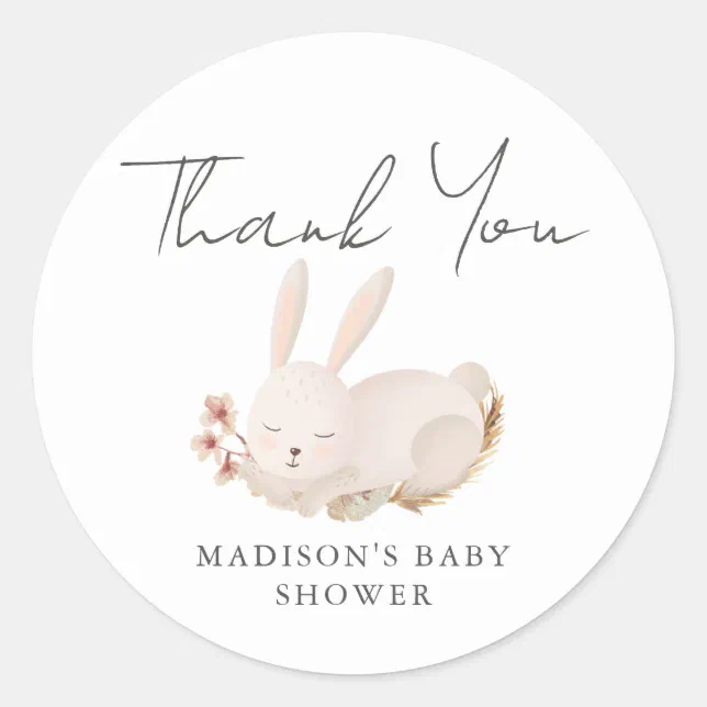 Sweet Bunny Calligraphy Baby Shower Thank You Classic Round Sticker ...