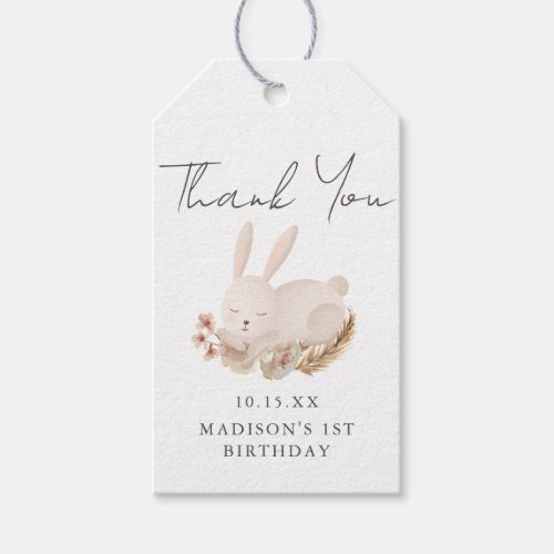 Sweet Bunny Calligraphy First Birthday Thank You Gift Tags