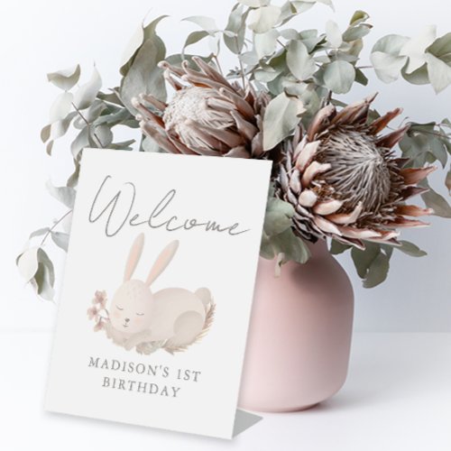 Sweet Bunny Calligraphy First Birthday Welcome Pedestal Sign