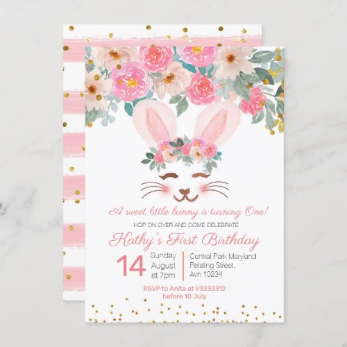 Sweet Bunny first birthday invitation girls floral