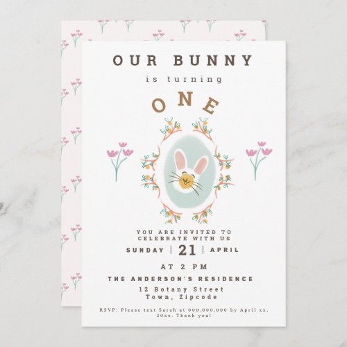 Sweet Bunny Floral 1st Birthday Girl Invitation
