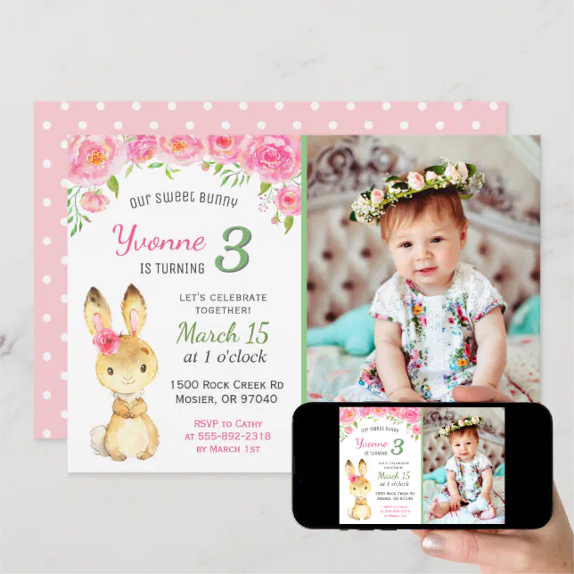 Sweet Bunny Floral Pink Girl Birthday Party Photo Invitation | Zazzle