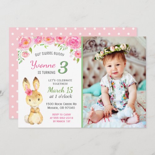 Sweet Bunny Floral Pink Girl Birthday Party Photo Invitation