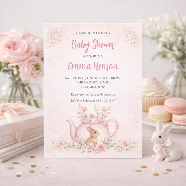 Sweet Bunny & Floral Teapot Baby Shower  Invitation (Creator Uploaded)