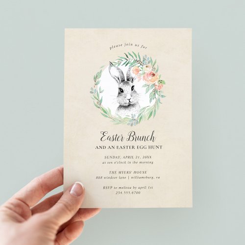Sweet Bunny Floral Wreath Easter Brunch Party Invitation