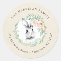 Sweet Bunny Floral Wreath Easter Return Address Classic Round Sticker