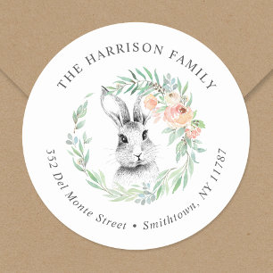 Sweet Bunny Floral Wreath Easter Return Address Classic Round Sticker