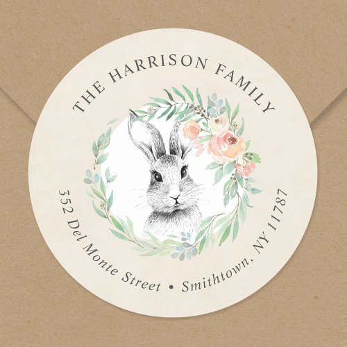 Sweet Bunny Floral Wreath Easter Return Address Classic Round Sticker