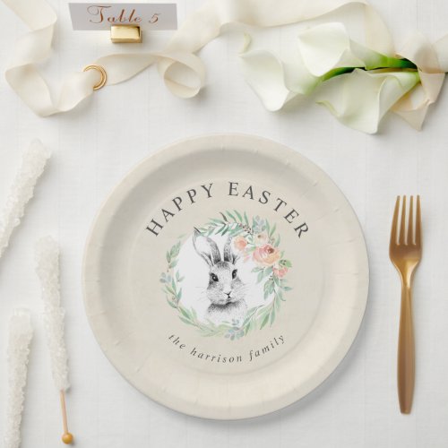 Sweet Bunny Floral Wreath Happy Easter Paper Plates