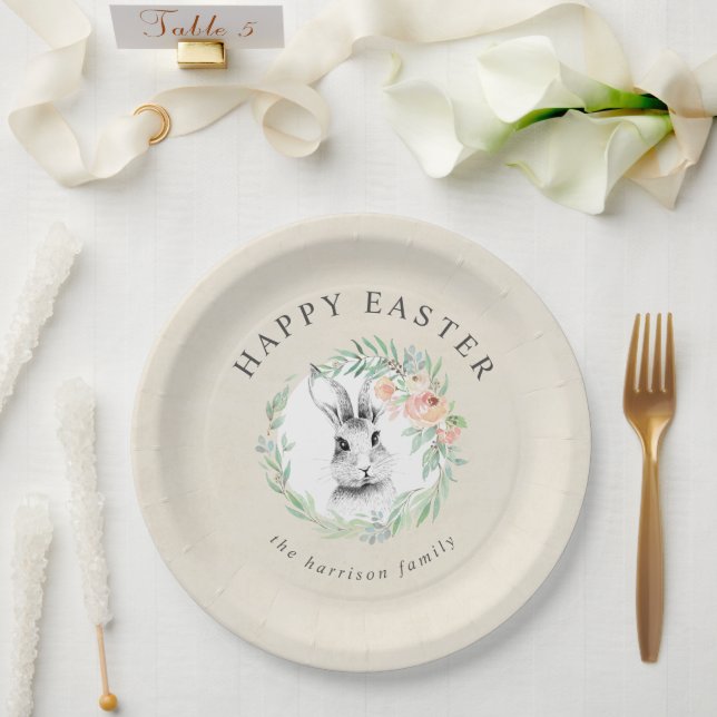 Sweet Bunny Floral Wreath Happy Easter Paper Plates (Wedding)