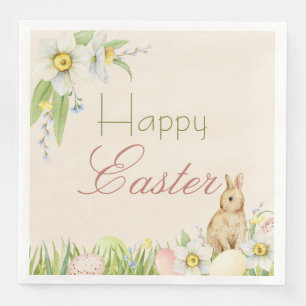 Sweet Bunny Happy Easter Floral Watercolor Paper Dinner Napkins