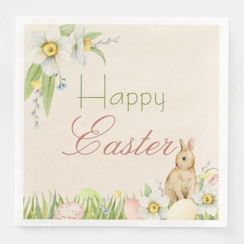 Sweet Bunny Happy Easter Floral Watercolor Paper Dinner Napkins