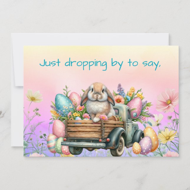 Sweet Bunny in Flower and Egg Filled Truck Easter Holiday Card (Front)