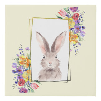 Sweet Bunny in Gold Foil Frame Colorful Flowers Faux Canvas Print