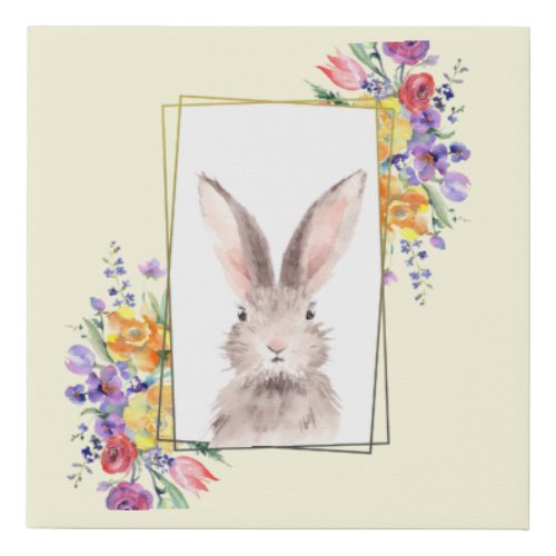 Sweet Bunny in Gold Foil Frame Colorful Flowers Faux Canvas Print
