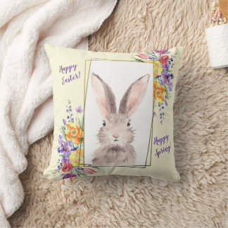 Sweet Bunny in Gold Frame Brightly Colored Flowers Throw Pillow