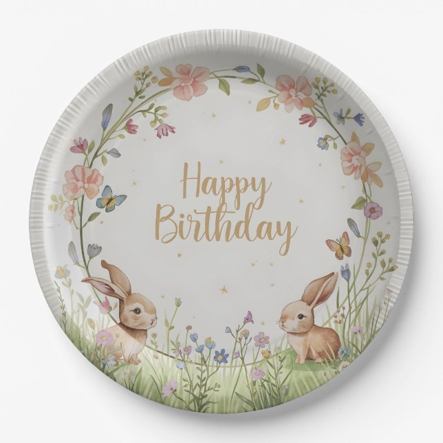 Sweet Bunny Meadow Birthday Party Paper Plate – Cu (Front)