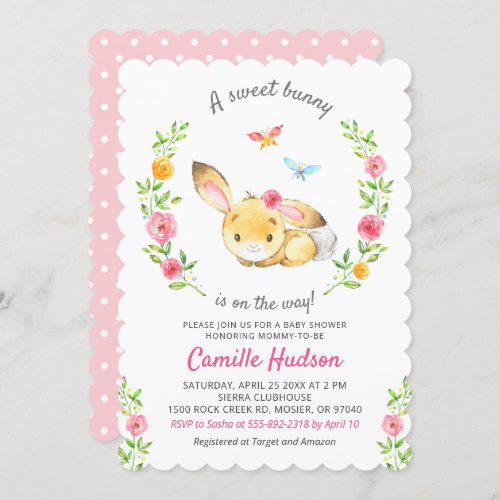 Sweet Bunny On The Way Baby Girl Shower Sprinkle Invitation