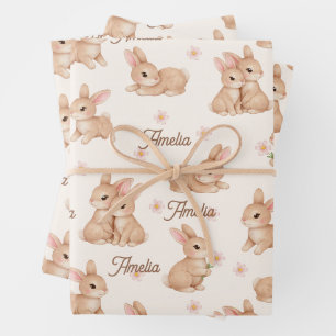 Sweet Bunny Pink Floral Pattern Name Wrapping Paper Sheets
