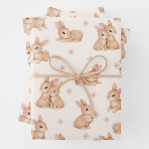Sweet Bunny Pink Floral Pattern Wrapping Paper Sheets