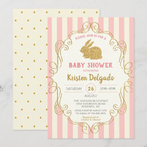 Sweet Bunny Pink Gold Glitter  Baby Shower Card