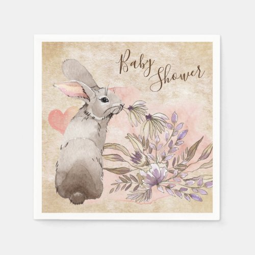 Sweet Bunny Rabbit and Flowers Girls Baby Shower Napkins