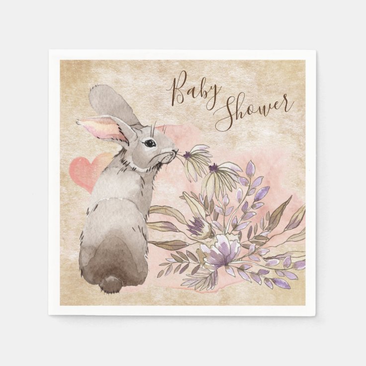 Sweet Bunny Rabbit and Flowers Girls' Baby Shower Napkins | Zazzle