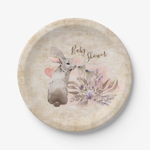 Sweet Bunny Rabbit and Flowers Girls Baby Shower Paper Plates